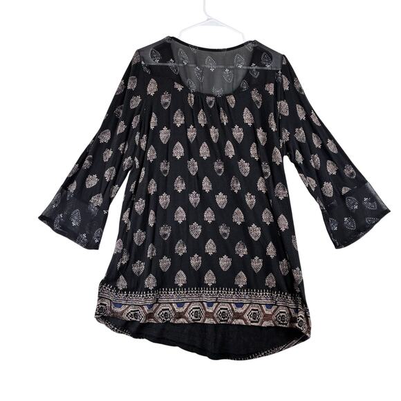 Lucky Brand 3/4 Bell Sleeve Tunic Top Women's 2X Plus Peasant Boho Damask Linen - Picture 2 of 11